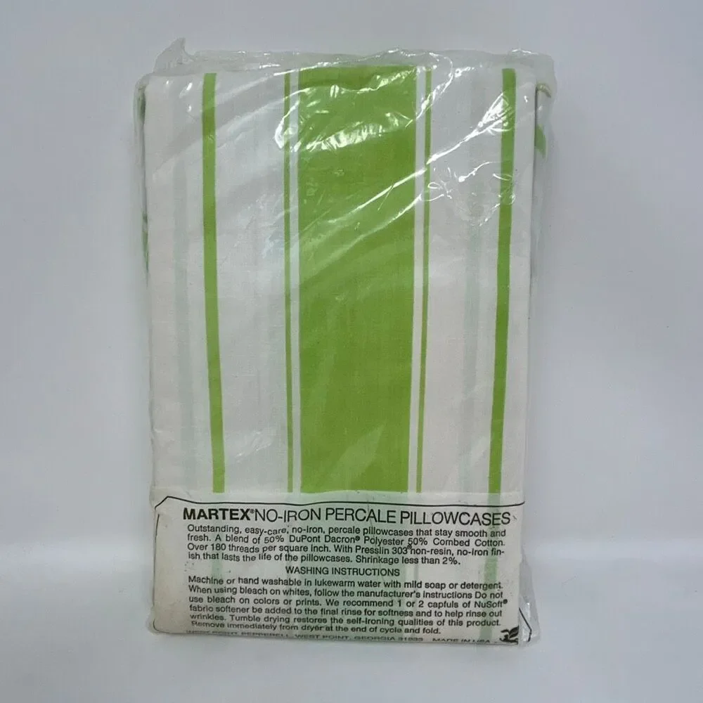 NEW Vtg No-Iron Percale Pilliwcases Set 2 Standard Size Green White Stripe Ruffl